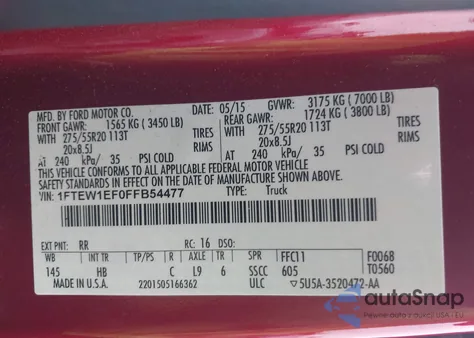 2015 Ford F-150 Lariat из США, поврежденный, VIN 1FTEW1EF0FFB54477